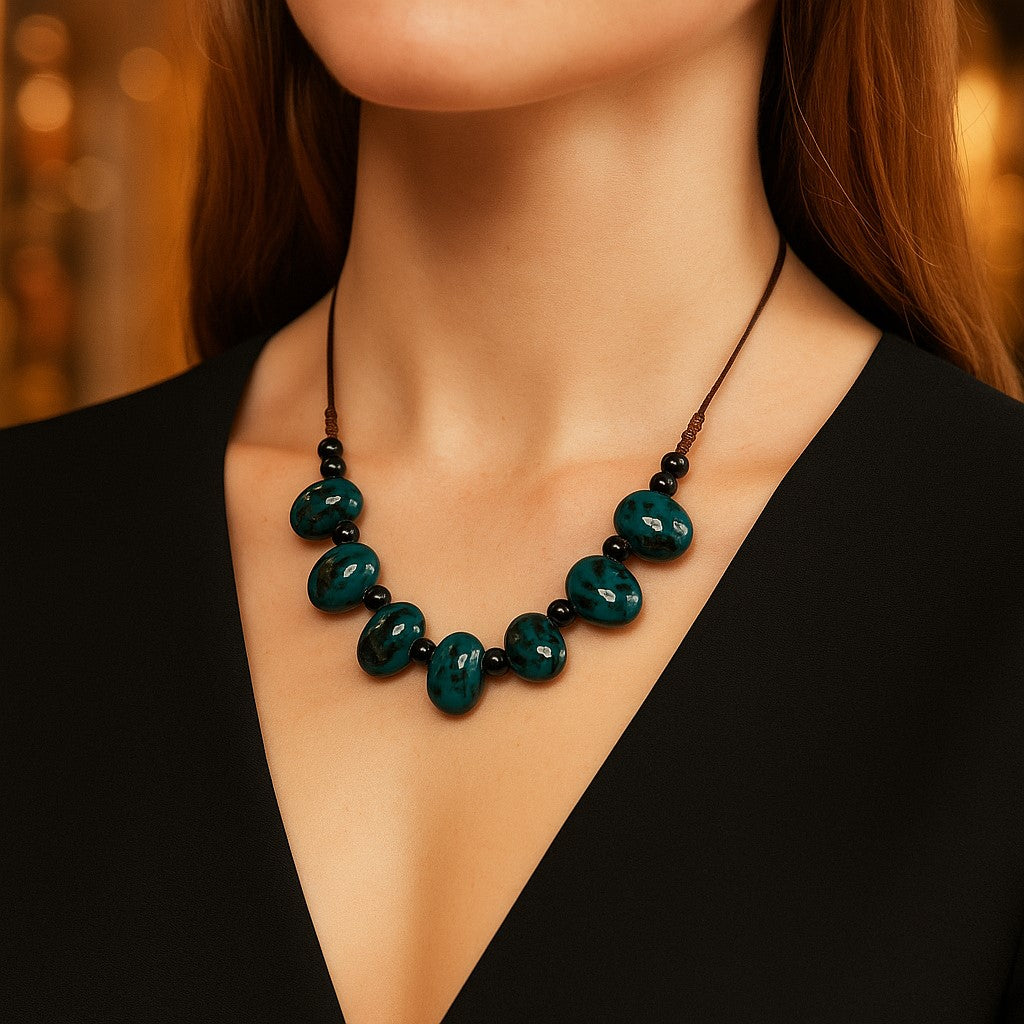Deep Teal Stone Bead Necklace – Statement Gemstone Jewelry - Heston Manor