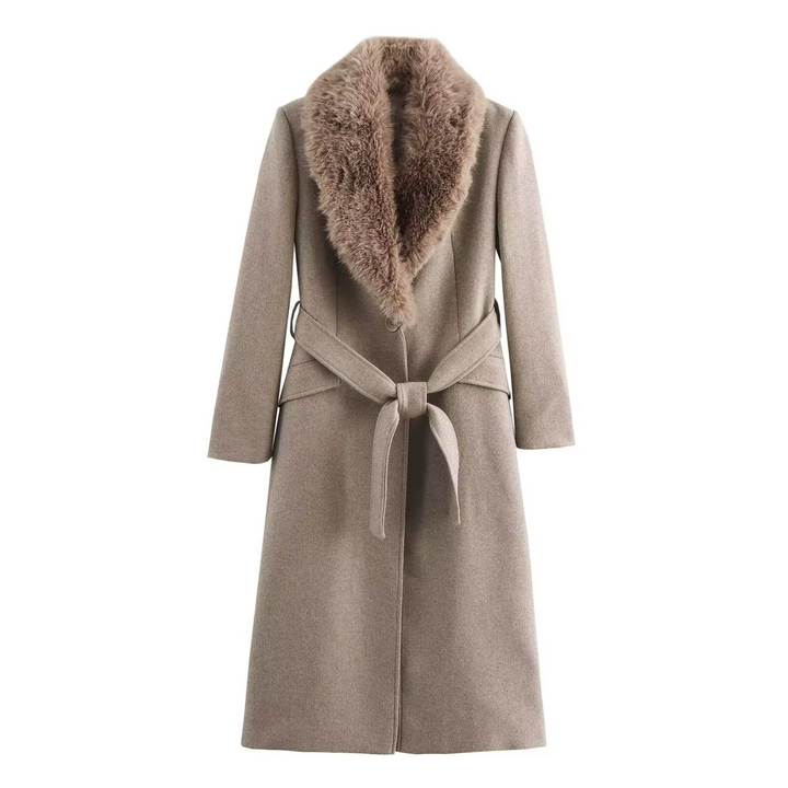 Women's Long Belted Coat with Luxe Faux-Fur Collar