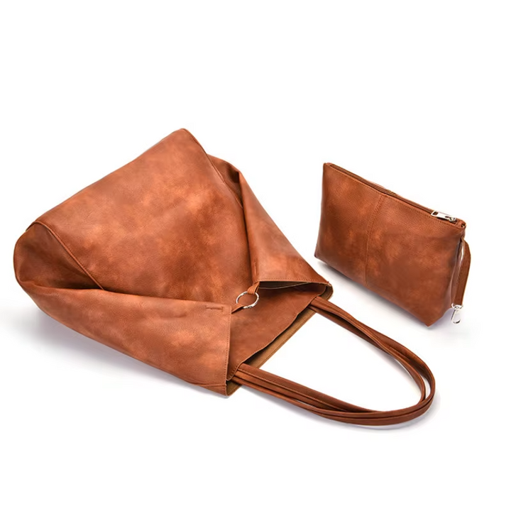 Oversized Faux Leather Tote Bag with Matching Zipper Pouch