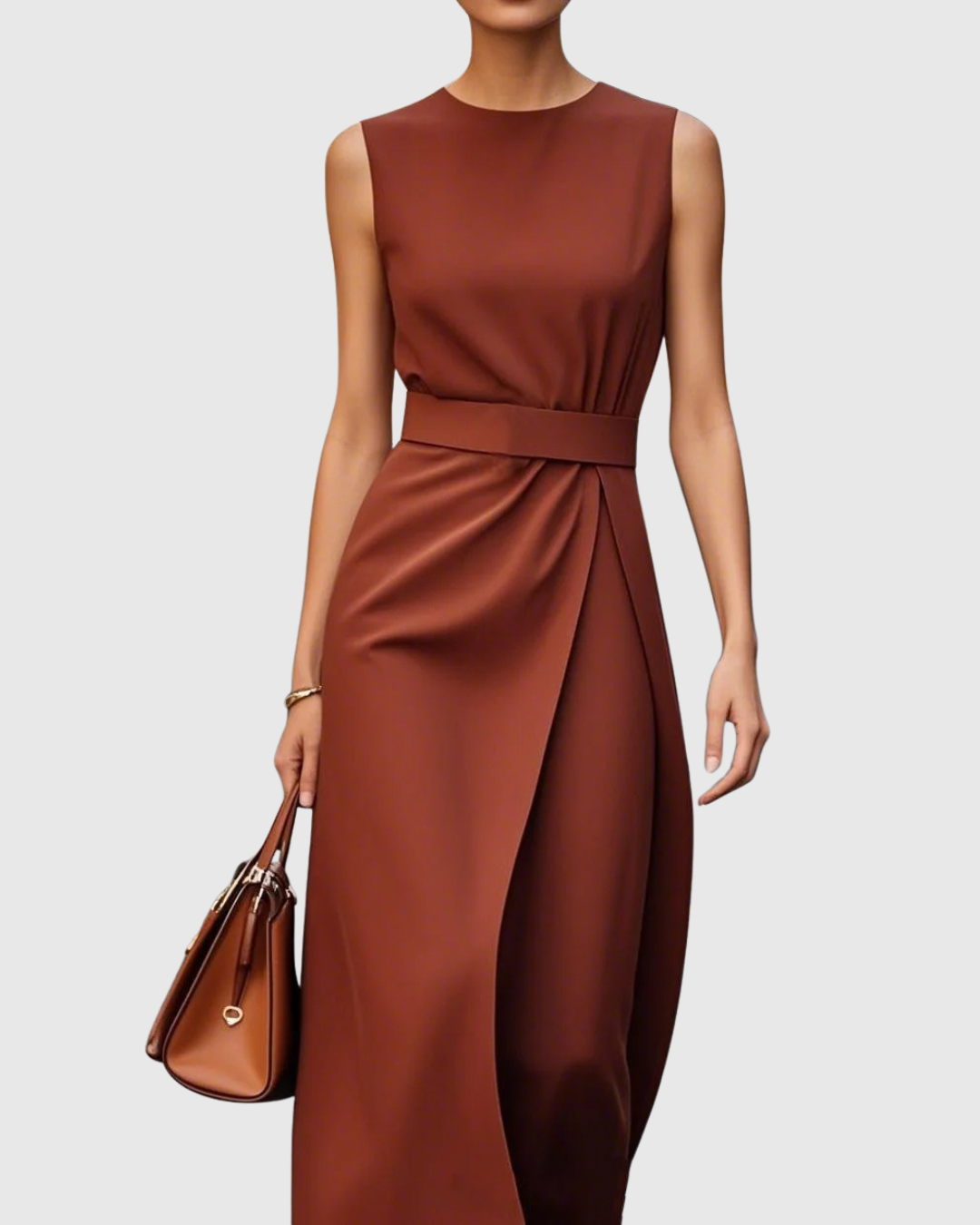 Women's Sleeveless Midi Dress with Draped Skirt and Belted Waist - Heston Manor