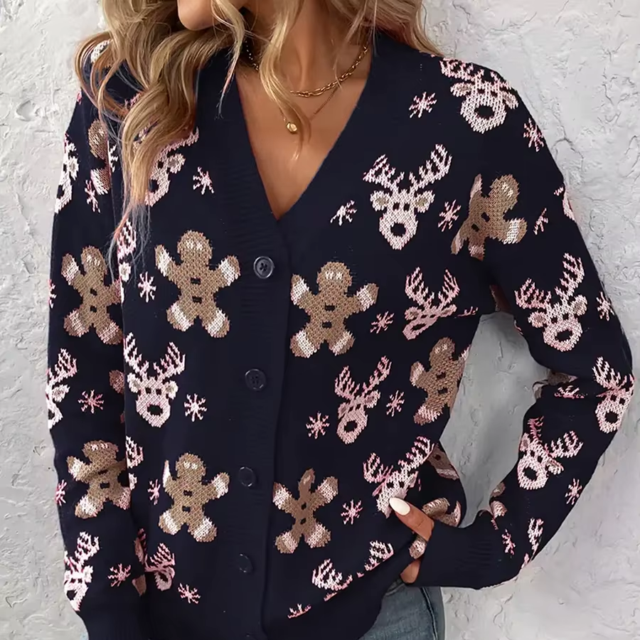 Women’s V-Neck Reindeer Cardigan - Heston Manor