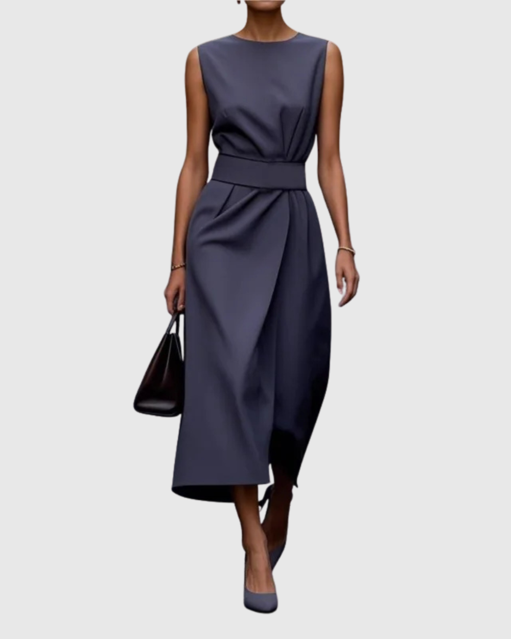 Women's Sleeveless Midi Dress with Draped Skirt and Belted Waist - Heston Manor
