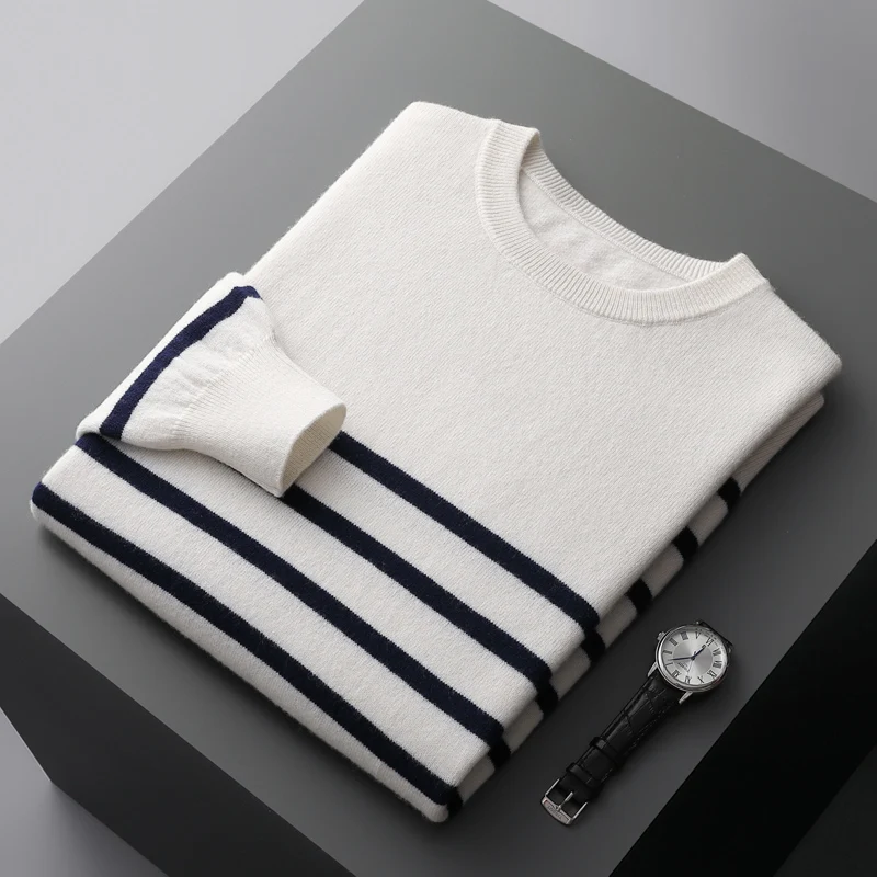 Men’s Navy & White Striped Wool Sweater
