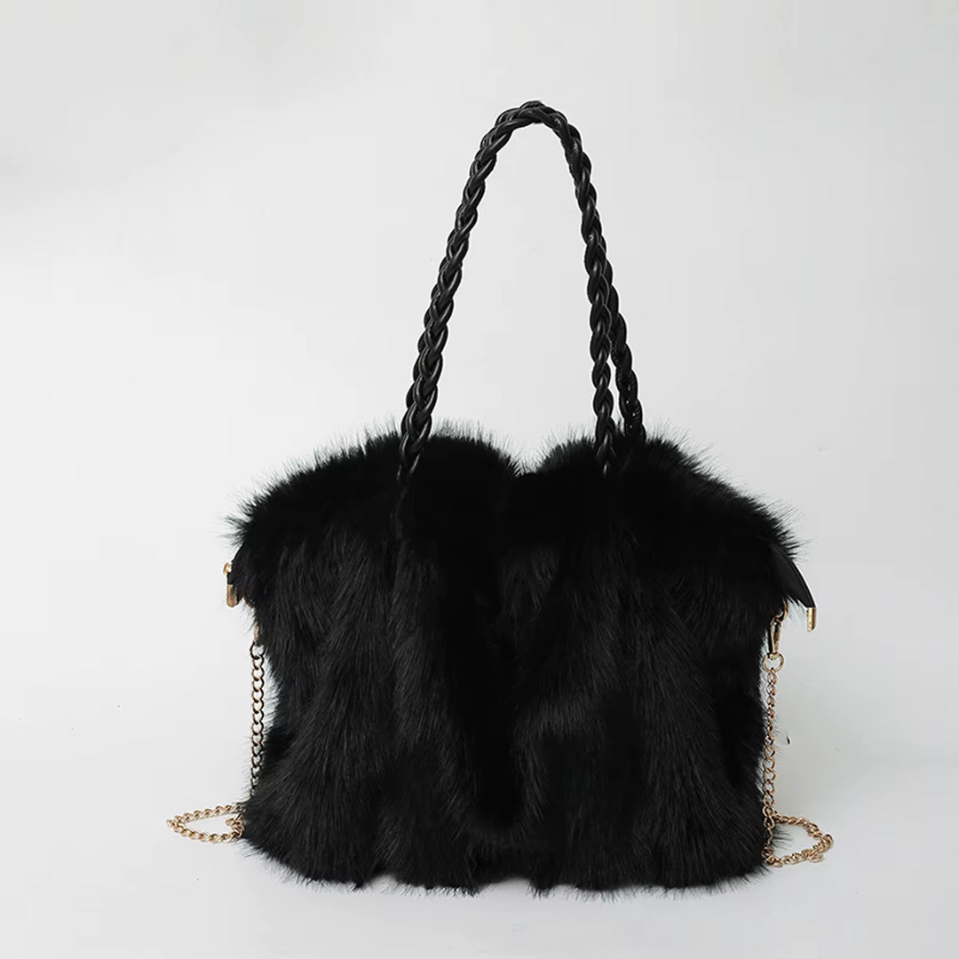 Women’s Faux Fur Shoulder Bag with Braided Handle