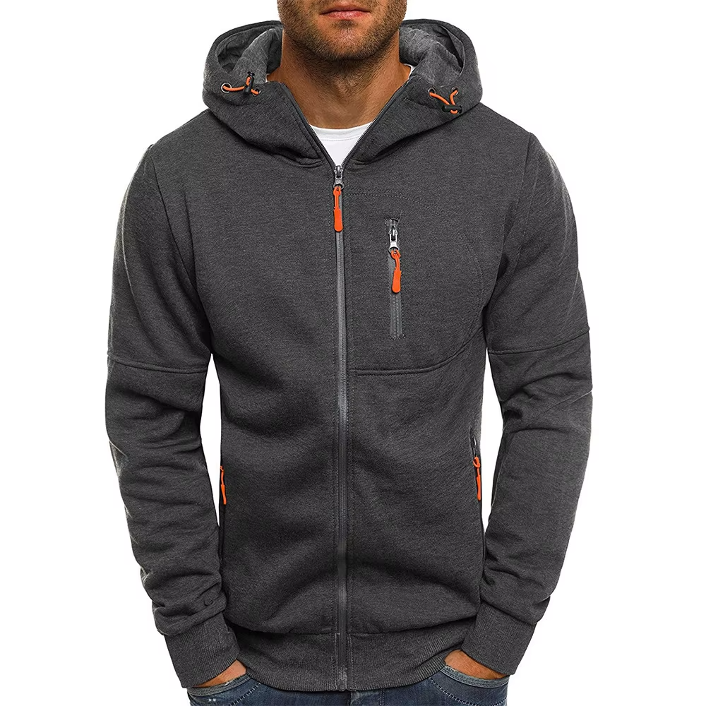 Men’s Dark Gray Full-Zip Hooded Jacket with Zip Pockets