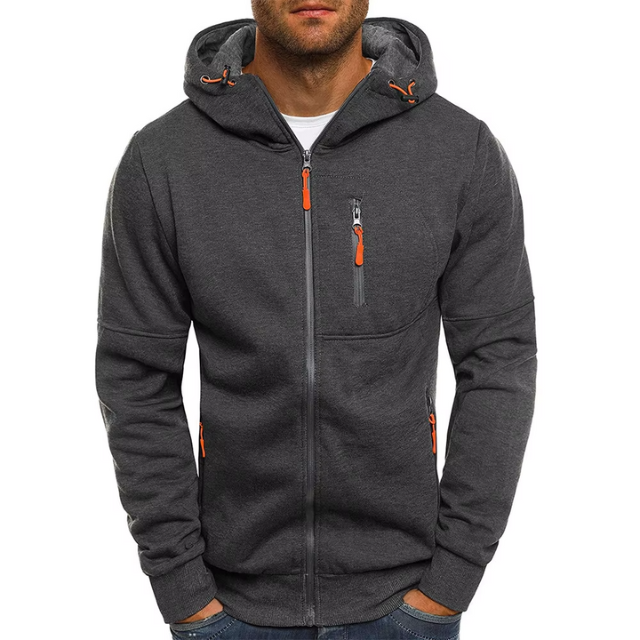 Men’s Dark Gray Full-Zip Hooded Jacket with Zip Pockets
