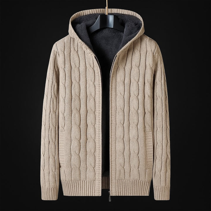 Men’s Khaki Cable Knit Hooded Cardigan – Wool Blend Zip Sweater with Fleece Lining
