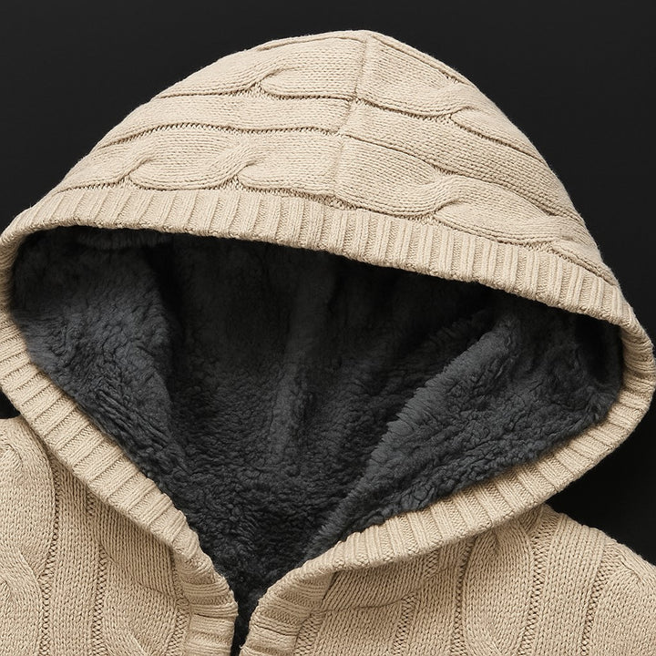 Men’s Khaki Cable Knit Hooded Cardigan – Wool Blend Zip Sweater with Fleece Lining