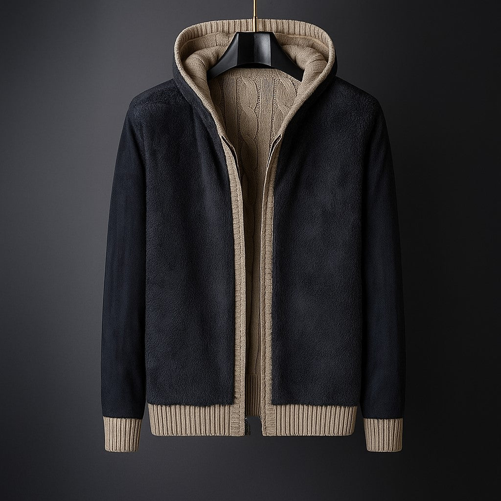 Men’s Khaki Cable Knit Hooded Cardigan – Wool Blend Zip Sweater with Fleece Lining
