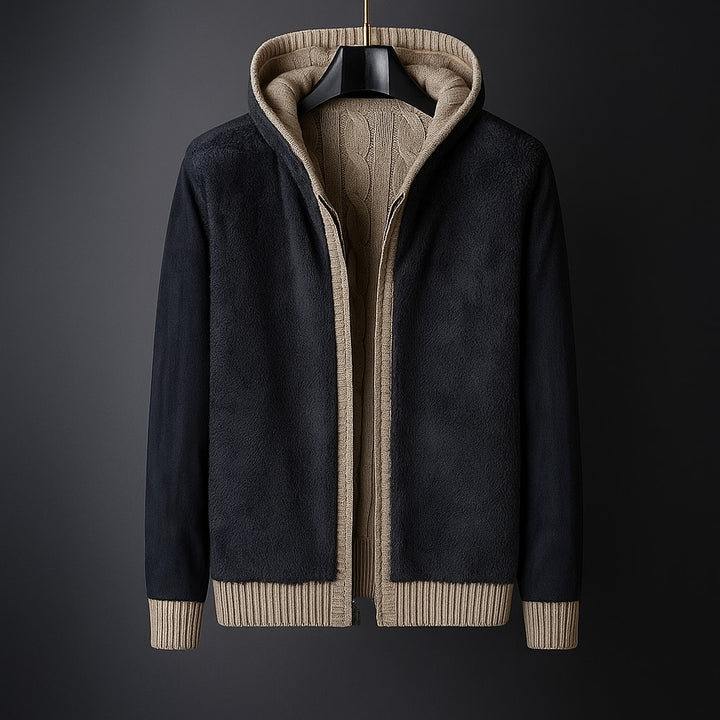 Men’s Khaki Cable Knit Hooded Cardigan – Wool Blend Zip Sweater with Fleece Lining