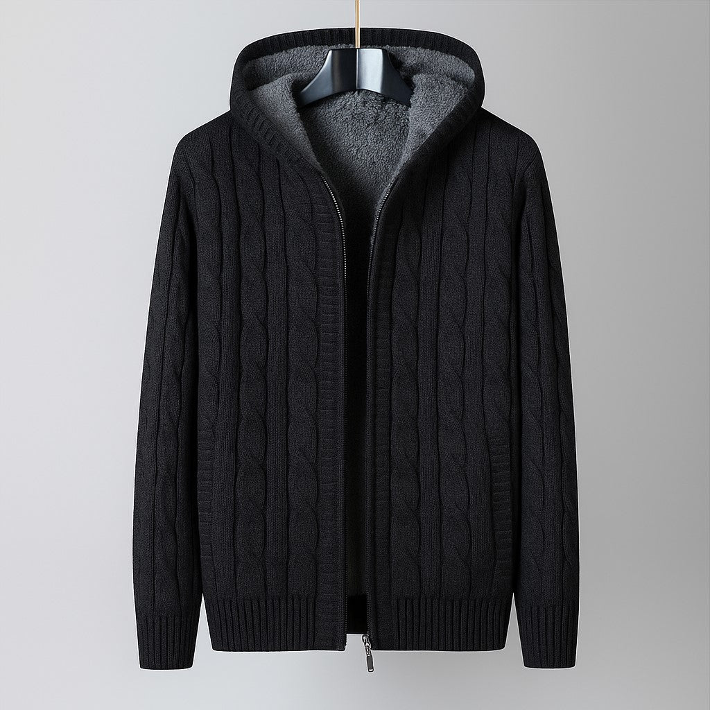 Men’s Khaki Cable Knit Hooded Cardigan – Wool Blend Zip Sweater with Fleece Lining