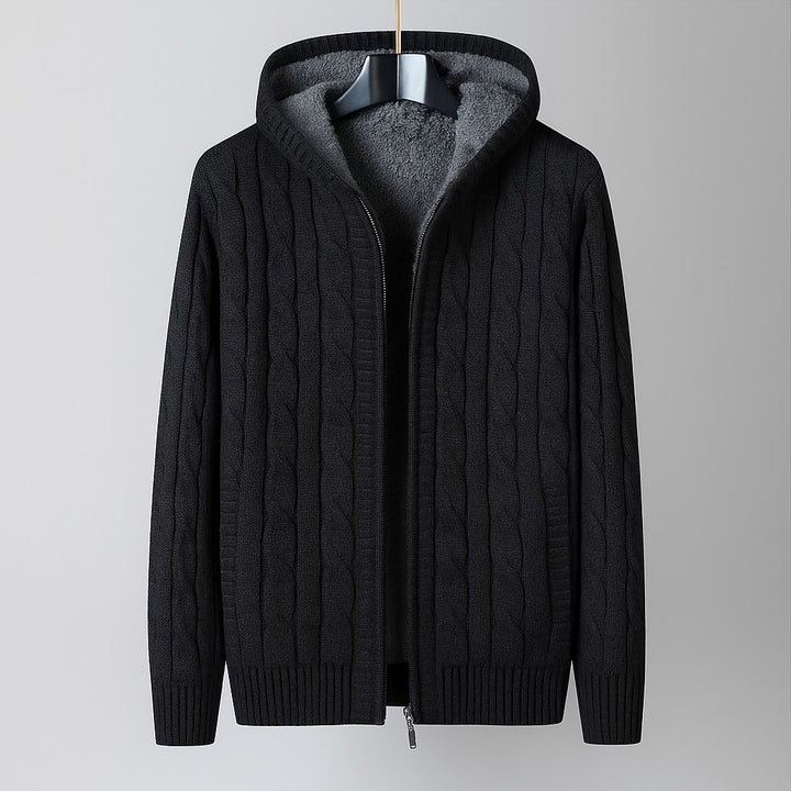 Men’s Khaki Cable Knit Hooded Cardigan – Wool Blend Zip Sweater with Fleece Lining