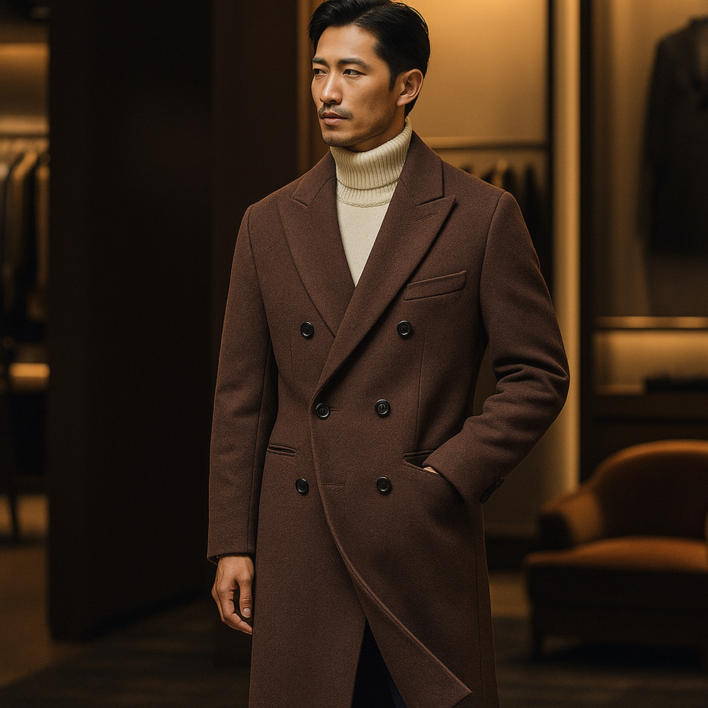 Men’s Double-Breasted Herringbone Overcoat - Heston Manor
