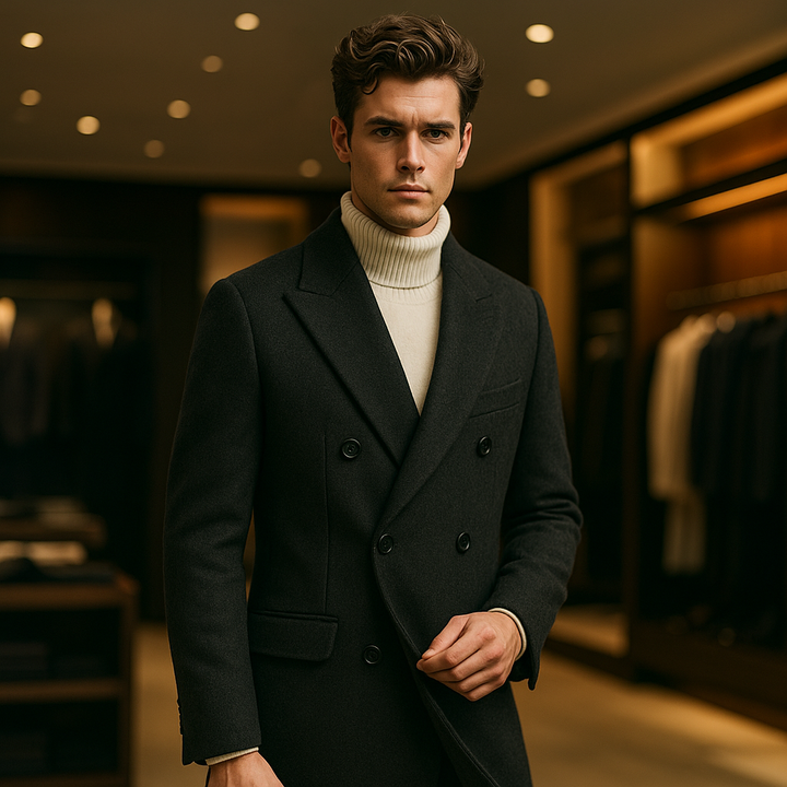 Men’s Double-Breasted Herringbone Overcoat - Heston Manor