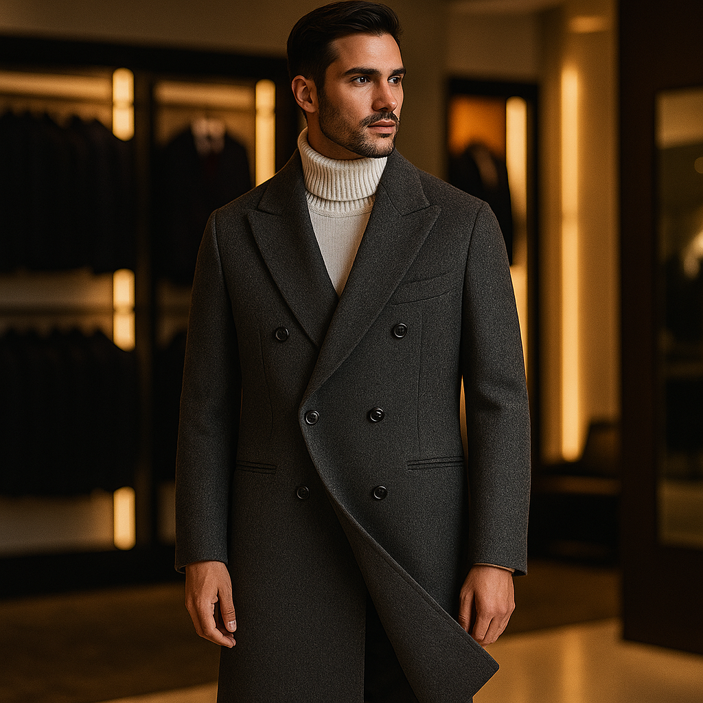 Men’s Double-Breasted Herringbone Overcoat - Heston Manor
