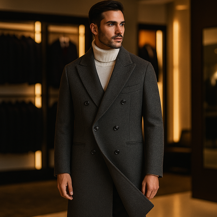 Men’s Double-Breasted Herringbone Overcoat - Heston Manor