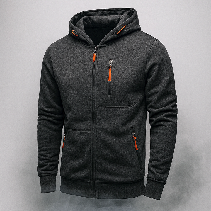 Men’s Dark Gray Full-Zip Hooded Jacket with Zip Pockets