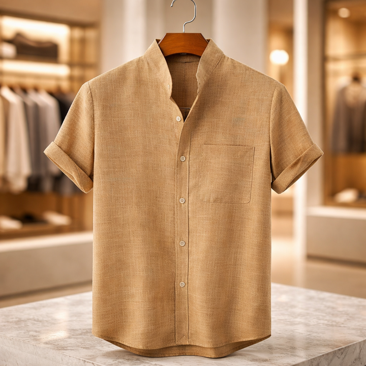 Men’s Mandarin Collar Linen Short-Sleeve Shirt