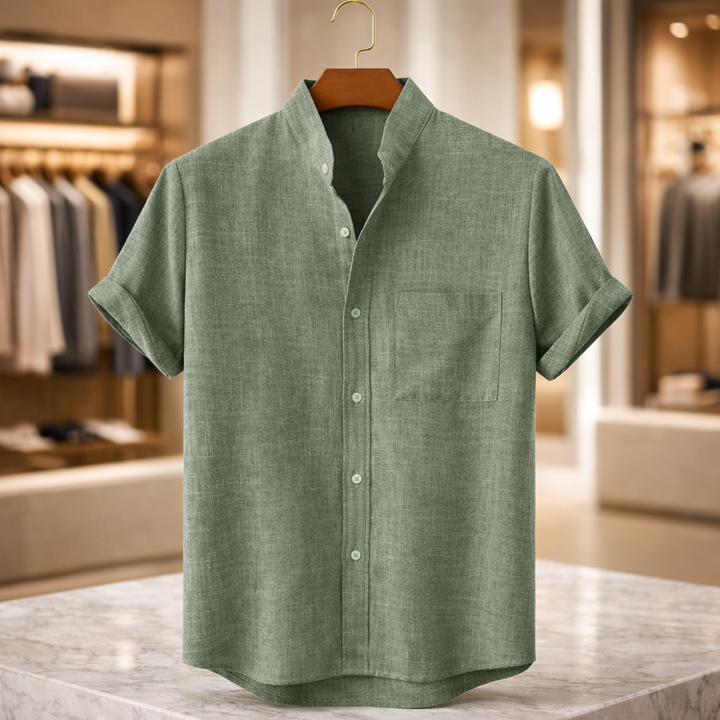 Men’s Mandarin Collar Linen Short-Sleeve Shirt