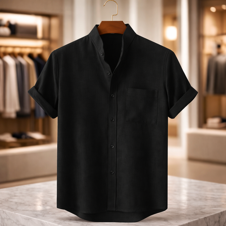 Men’s Mandarin Collar Linen Short-Sleeve Shirt