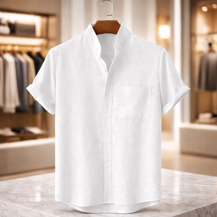 Men’s Mandarin Collar Linen Short-Sleeve Shirt