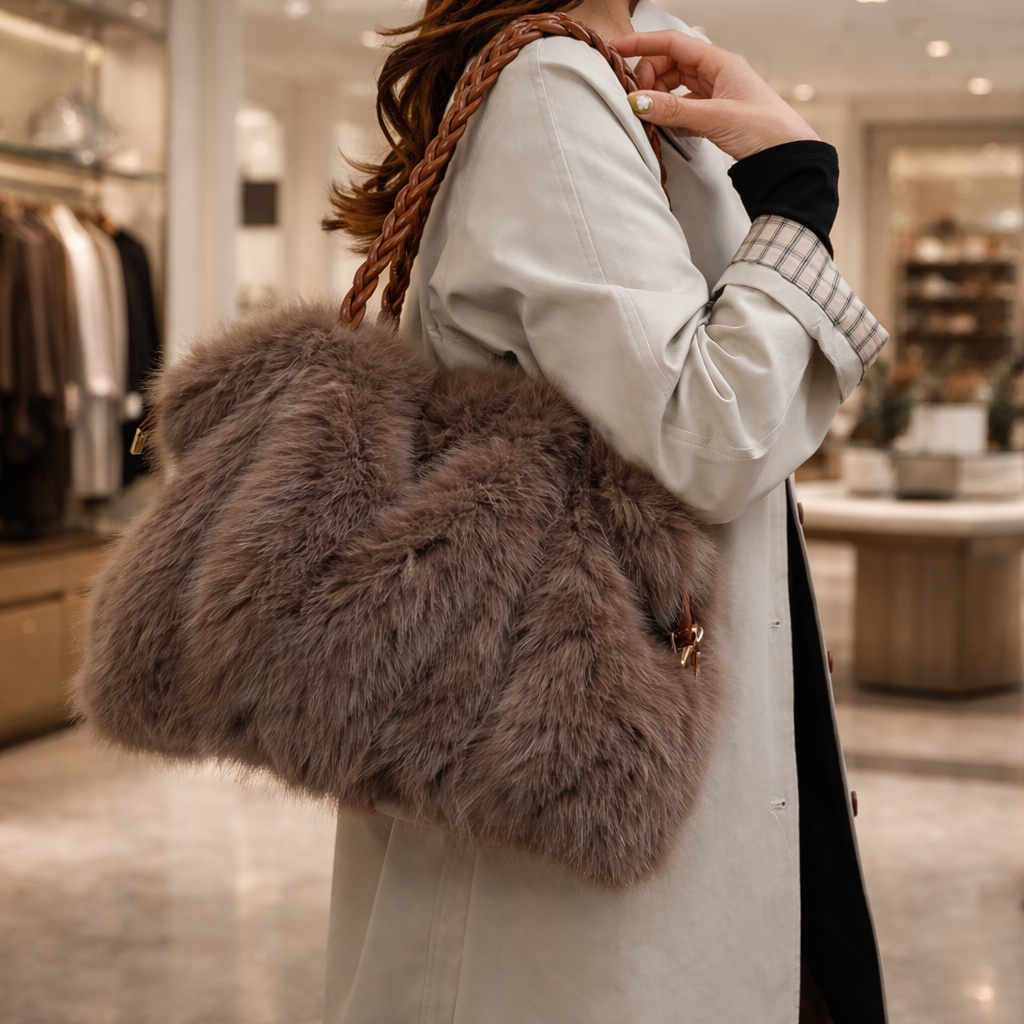 Women’s Faux Fur Shoulder Bag with Braided Handle
