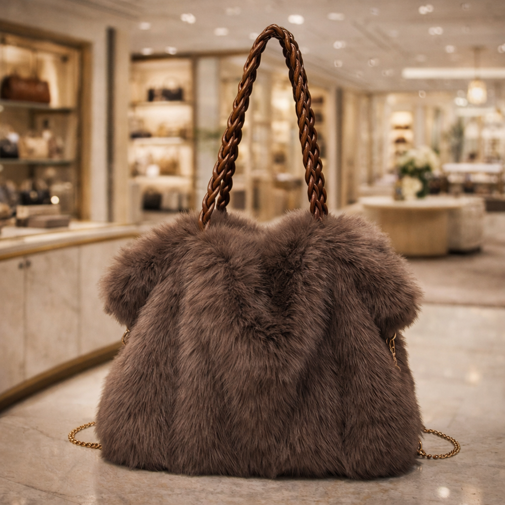 Women’s Faux Fur Shoulder Bag with Braided Handle