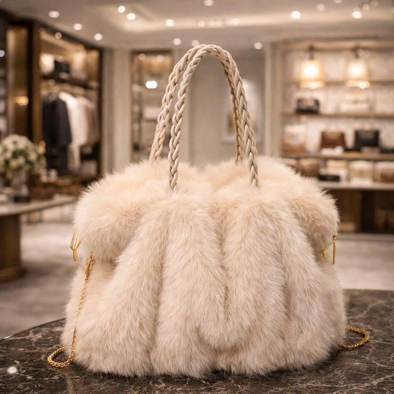 Women’s Faux Fur Shoulder Bag with Braided Handle