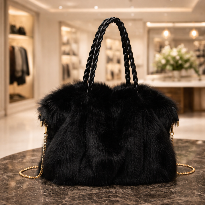 Women’s Faux Fur Shoulder Bag with Braided Handle