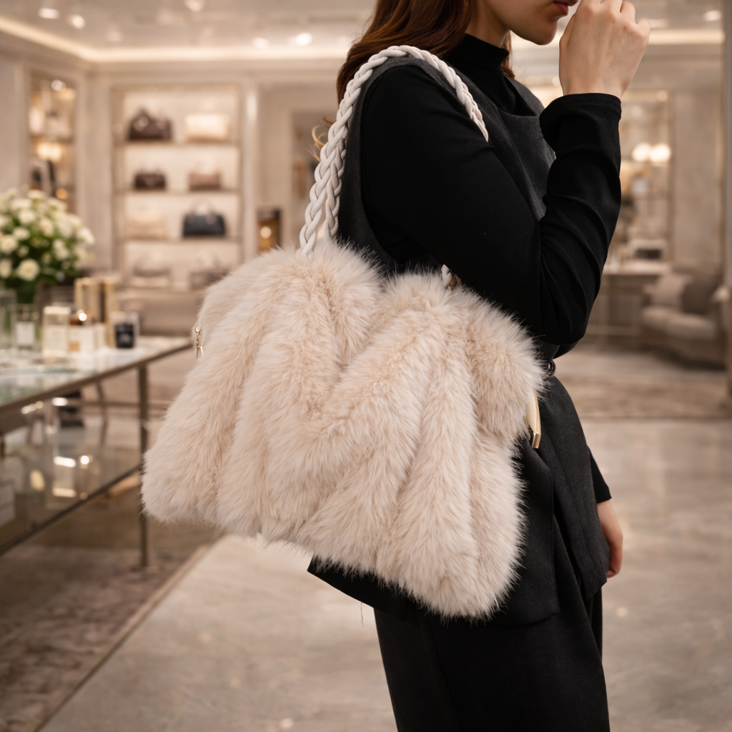 Women’s Faux Fur Shoulder Bag with Braided Handle