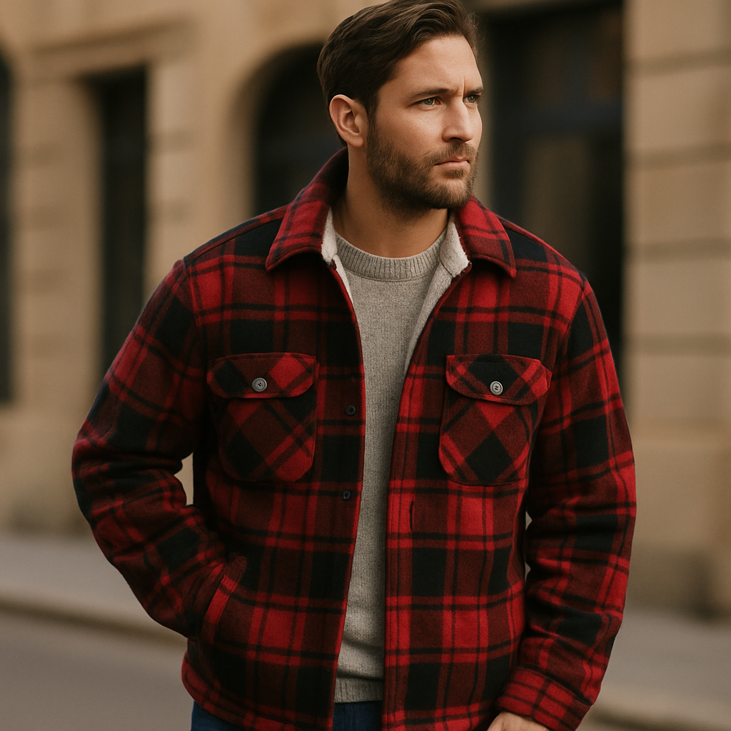 Men’s Red & Black Plaid Fleece-Lined Shirt Jacket
