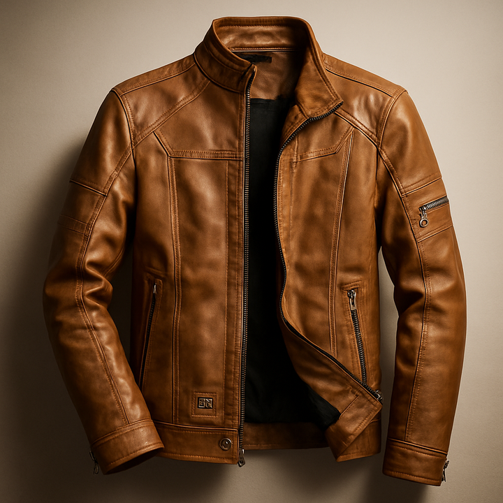 Men’s Vintage Leather Moto Jacket with Warm Polyester Lining