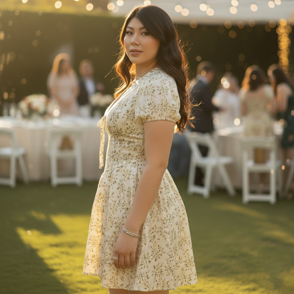 Women's Floral Puff Sleeve V-Neck Mini Dress - Plus Size - Heston Manor