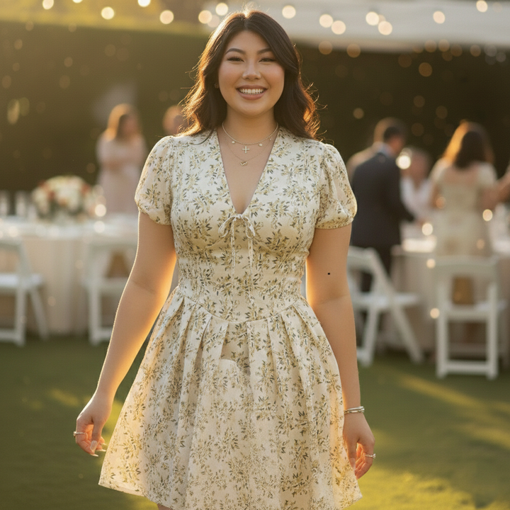 Women's Floral Puff Sleeve V-Neck Mini Dress - Plus Size - Heston Manor