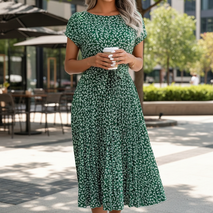 Women's Floral Print Short Sleeve Pleated Midi A-Line Dress - Heston Manor