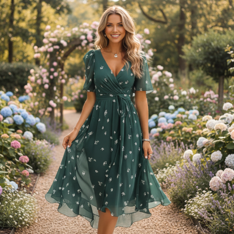 Women's V-Neck Midi Dress with Flutter Sleeves and Belt - Heston Manor