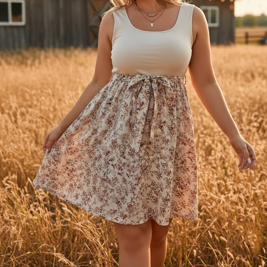 Ribbed Floral Spring Mini Dress with Waist Tie (Plus Size) - Heston Manor