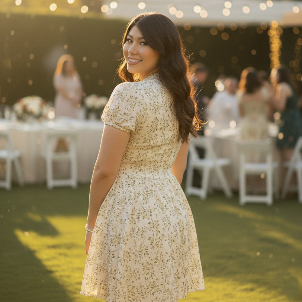 Women's Floral Puff Sleeve V-Neck Mini Dress - Plus Size - Heston Manor