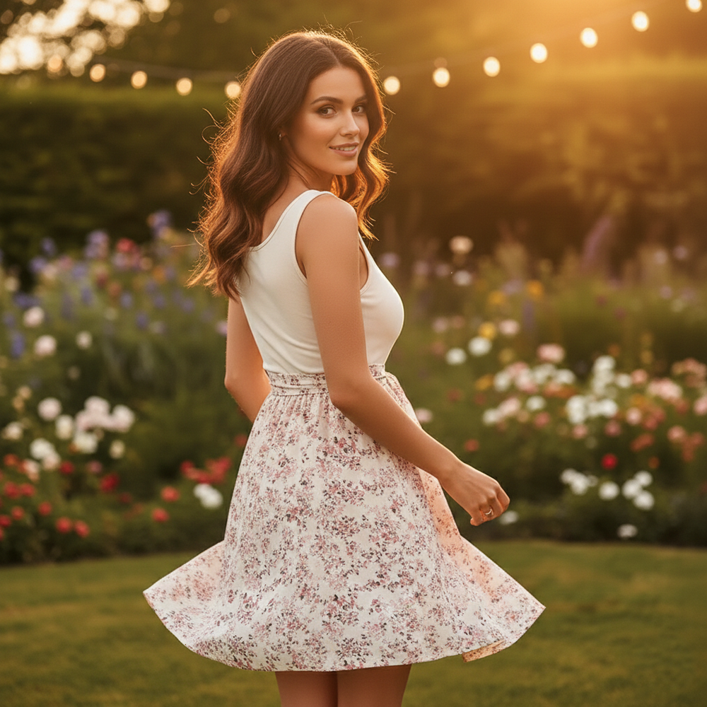 Sleeveless Floral A-Line Dress with Scoop Neck and Tie Waist - Heston Manor