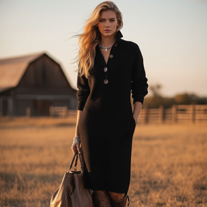 The Midnight Ribbed Henley Dress - Heston Manor