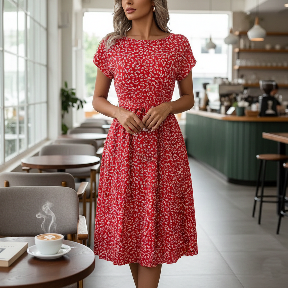Women's Floral Print Short Sleeve Pleated Midi A-Line Dress - Heston Manor