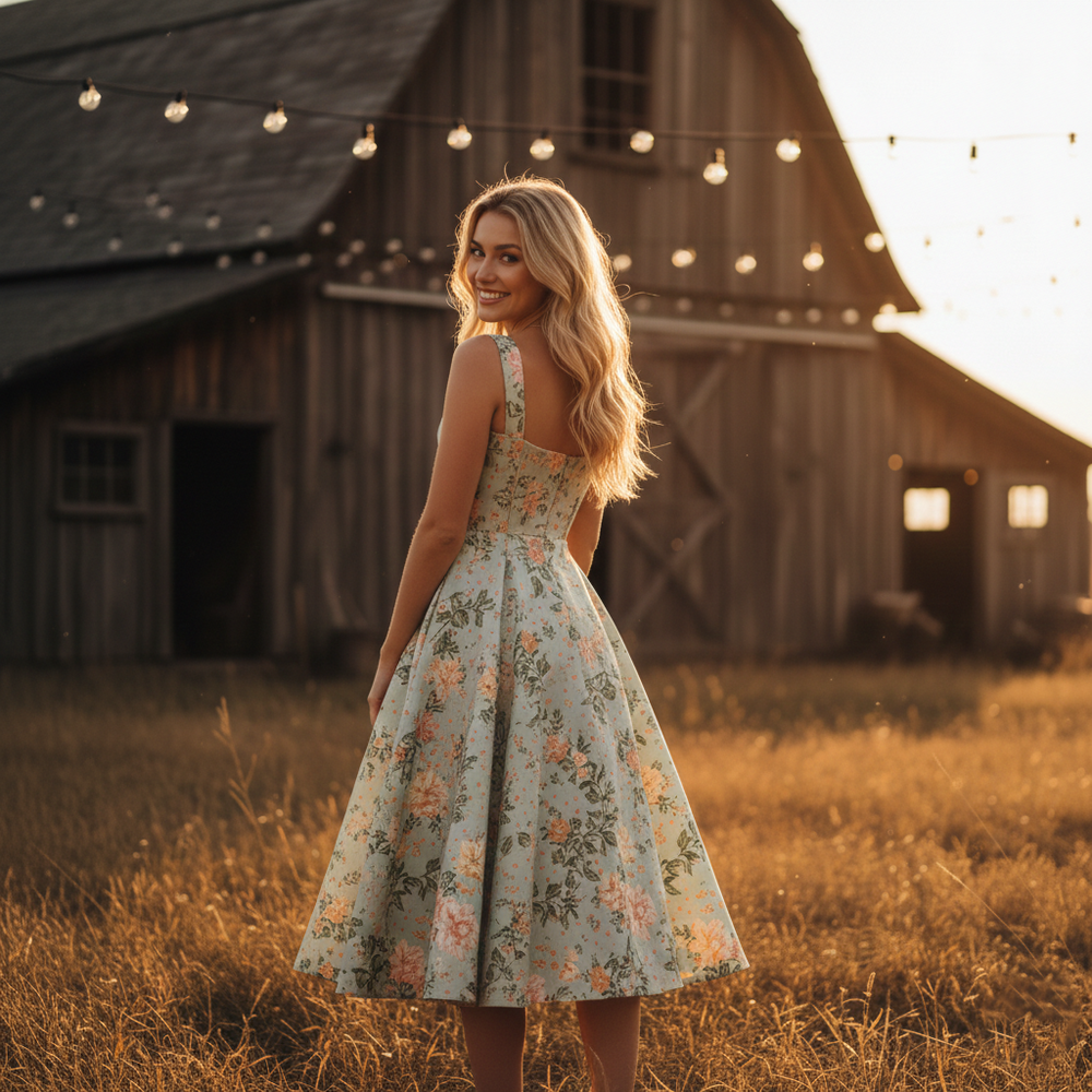 Women's Floral Botanical Corset Midi Dress - Heston Manor