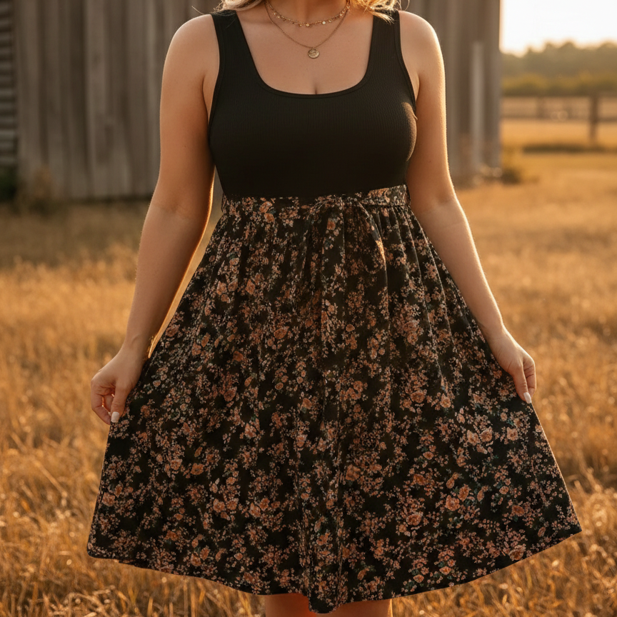 Ribbed Floral Spring Mini Dress with Waist Tie (Plus Size) - Heston Manor