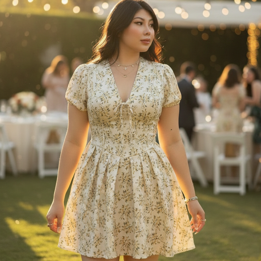 Women's Floral Puff Sleeve V-Neck Mini Dress - Plus Size - Heston Manor