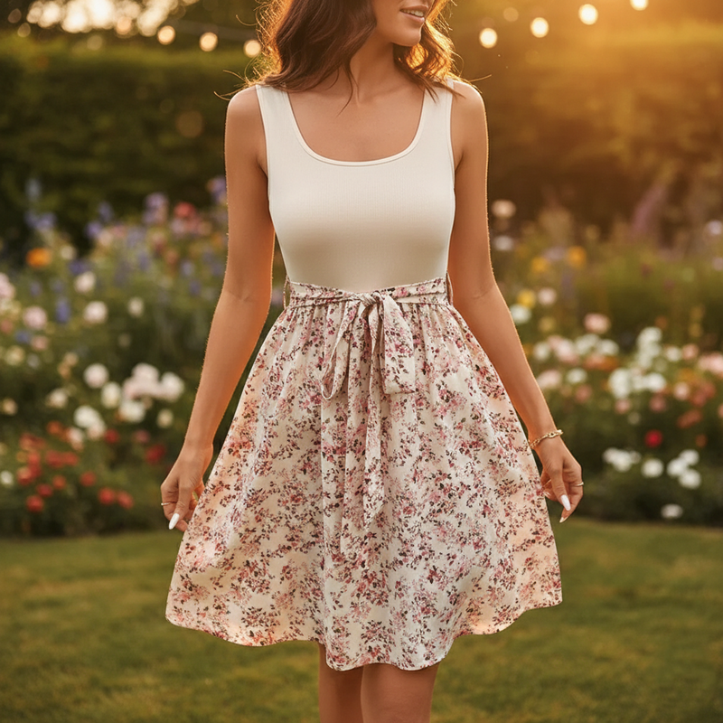 Sleeveless Floral A-Line Dress with Scoop Neck and Tie Waist - Heston Manor