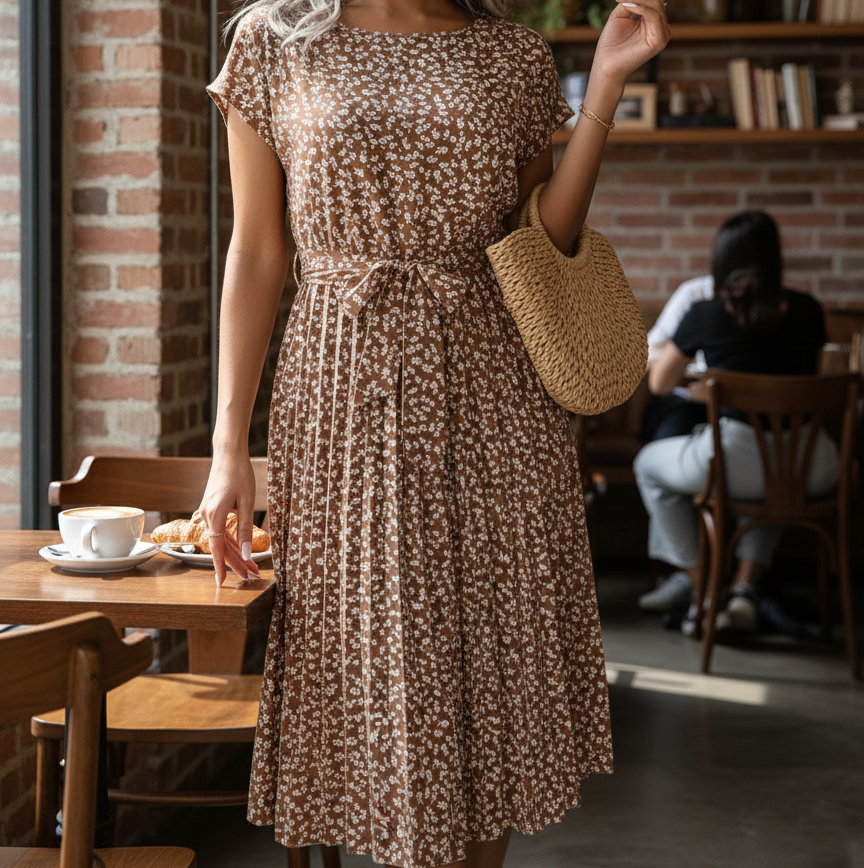 Women's Floral Print Short Sleeve Pleated Midi A-Line Dress - Heston Manor