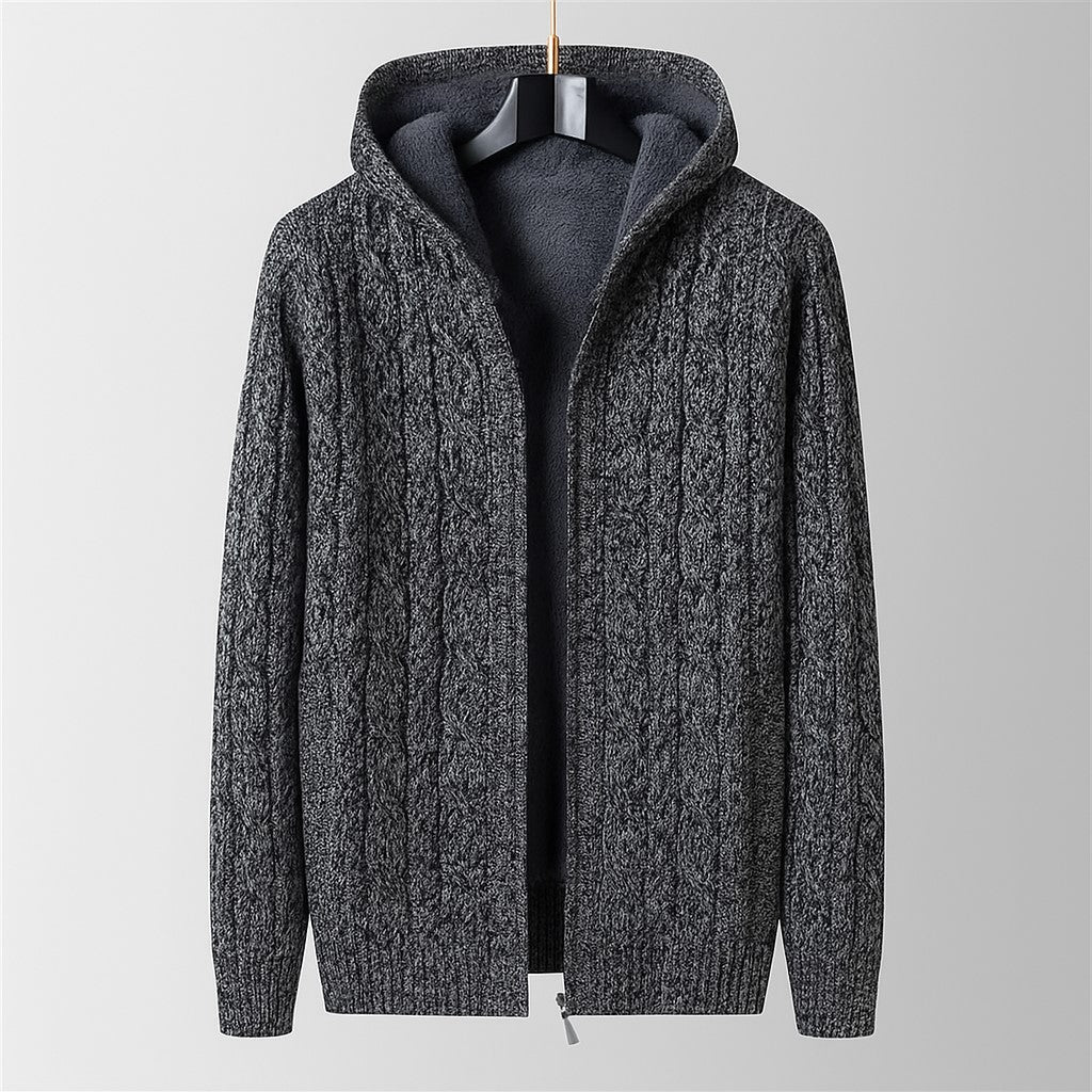 Men’s Khaki Cable Knit Hooded Cardigan – Wool Blend Zip Sweater with Fleece Lining