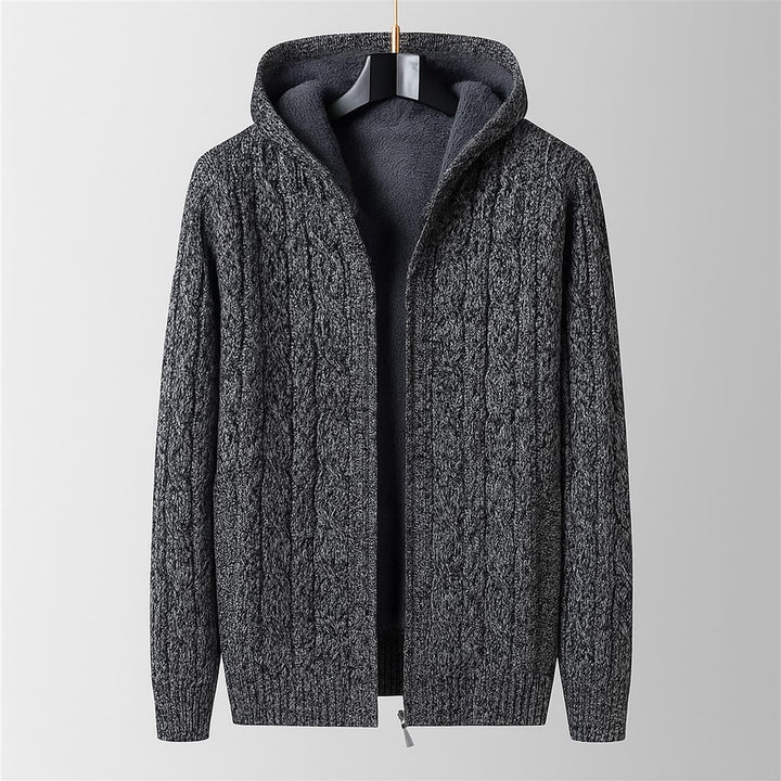 Men’s Khaki Cable Knit Hooded Cardigan – Wool Blend Zip Sweater with Fleece Lining
