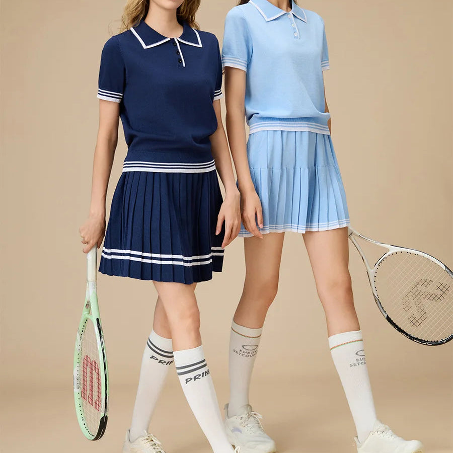 Women’s Navy Knit Two-Piece Tennis Set Polo Collar Pleated Skirt