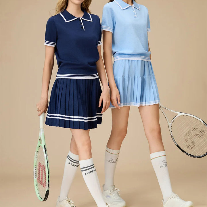 Women’s Navy Knit Two-Piece Tennis Set Polo Collar Pleated Skirt